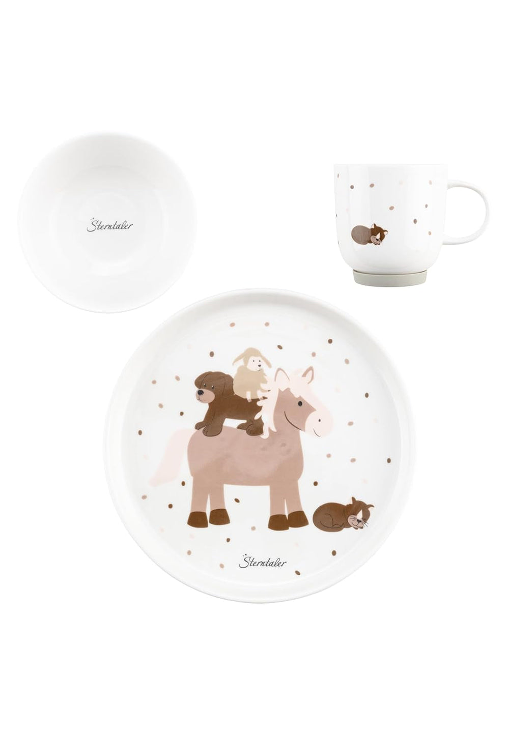 Set de veselă din porțelan Sterntaler, design rustic - Set de veselă cu bază din silicon antiderapantă și detașabilă - Veselă pentru bebeluși și copii cu farfurie, bol de 400 ml și cană de 200 ml, alb