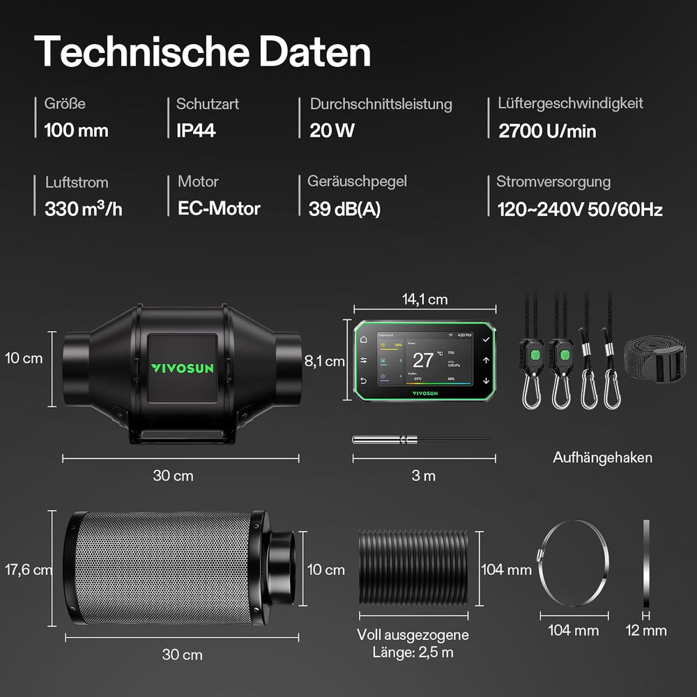 VIVOSUN 100mm AeroZesh G4 Smart Inline Fan/Exhaust Kit with GrowHub E42A+, Temperature and Humidity Controller, WiFi/App Remote Control, Activated Carbon Filter and Hose for Grow Tents and Hydroponics