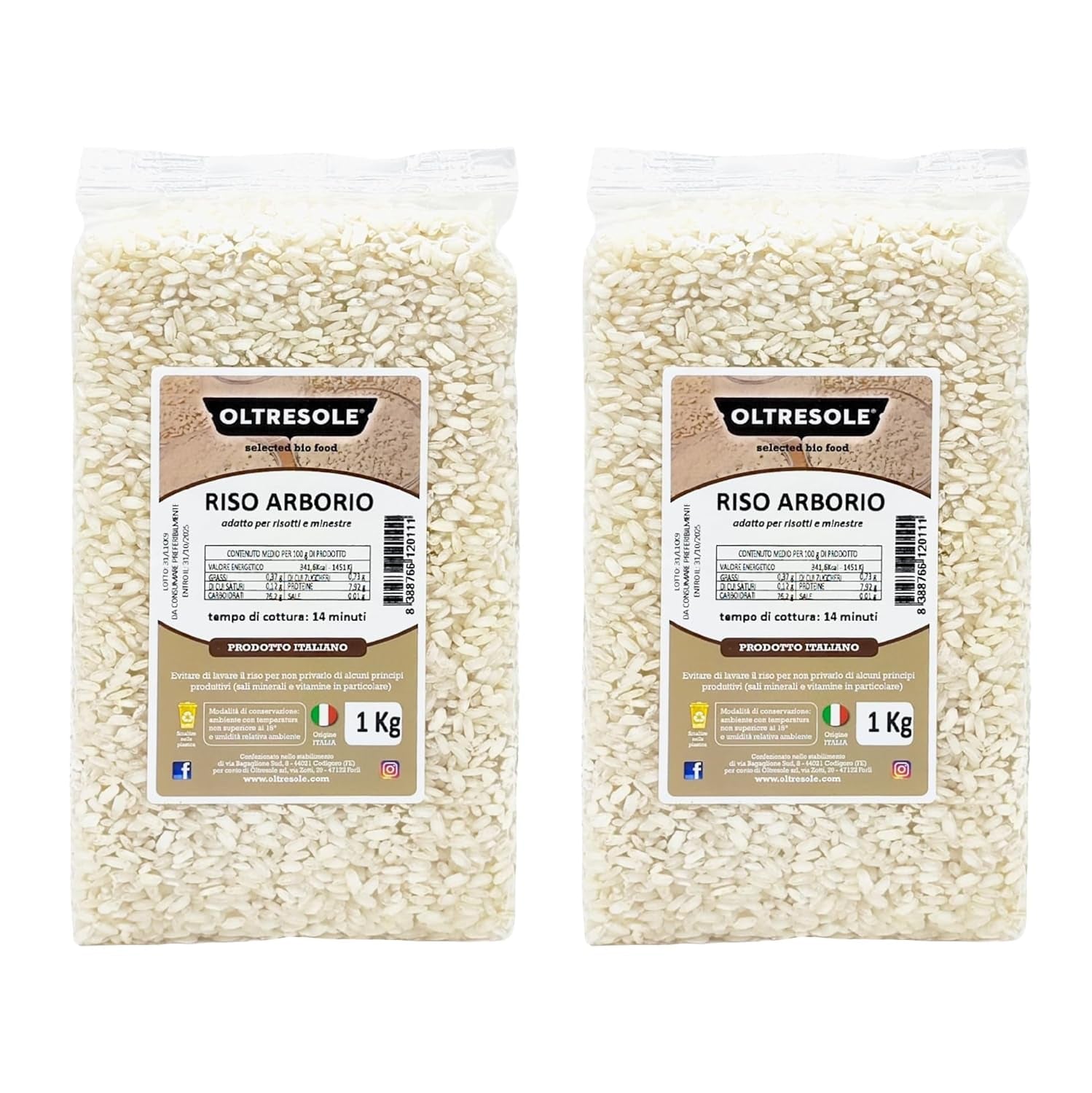 Orez Arborio italian artizanal, orez cu bob mare și amidon, ideal pentru supe, risotto și salate de orez, ambalat în vid în 2 saci de 1 kg