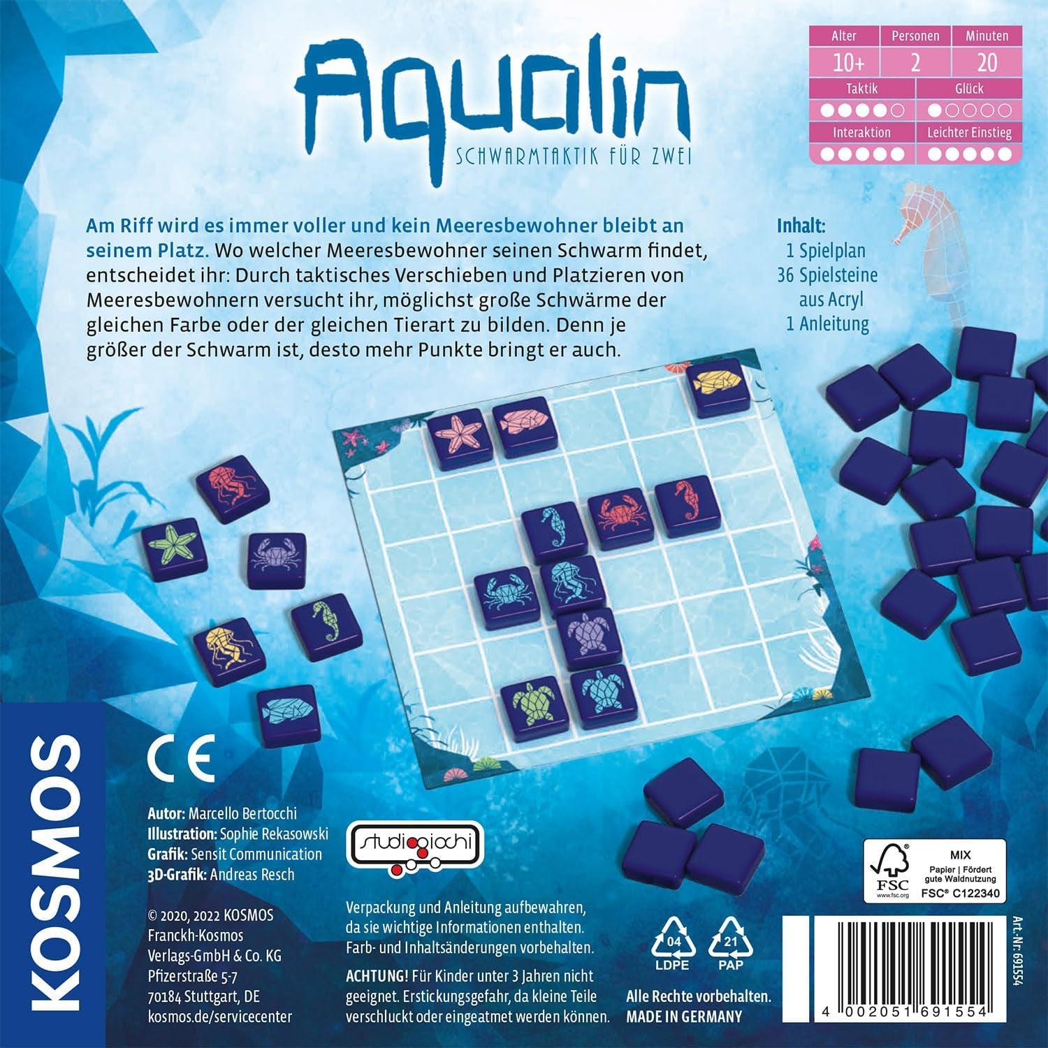 KOSMOS 691554 Aqualin - Swarm Tactics for Two, Two Player Game, Board Game for Exactly 2 Players Ages 10+, Strategy Game
