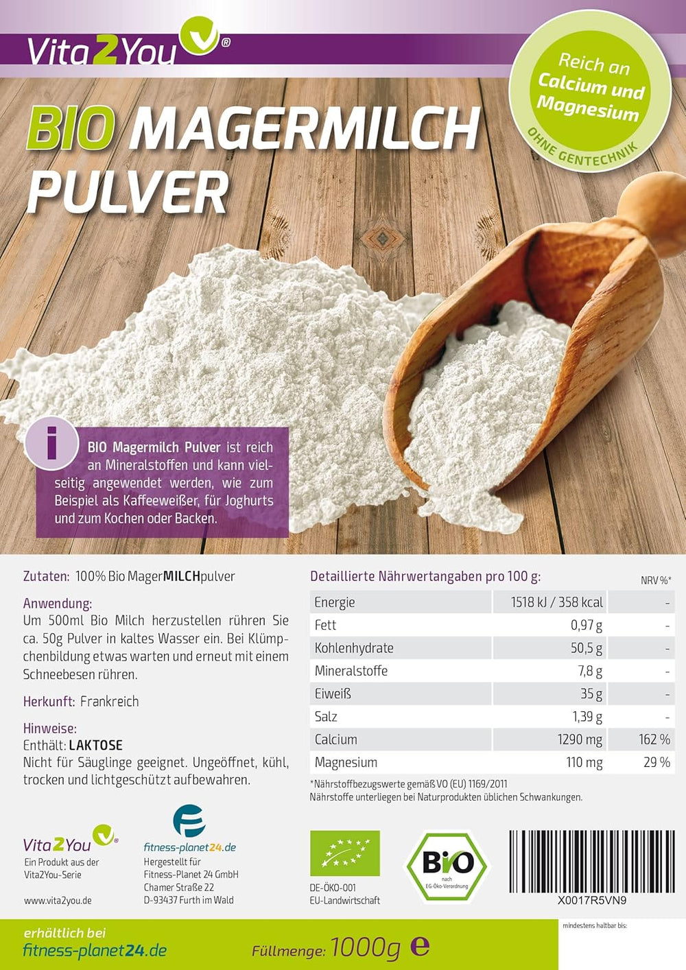 Vita2You Bio Skimmed Milk Powder 1000g - 100% Bio Qualität - for baking - Kaffeeweißer - Milchpulver für Joghurts - 1kg - Premium Qualität