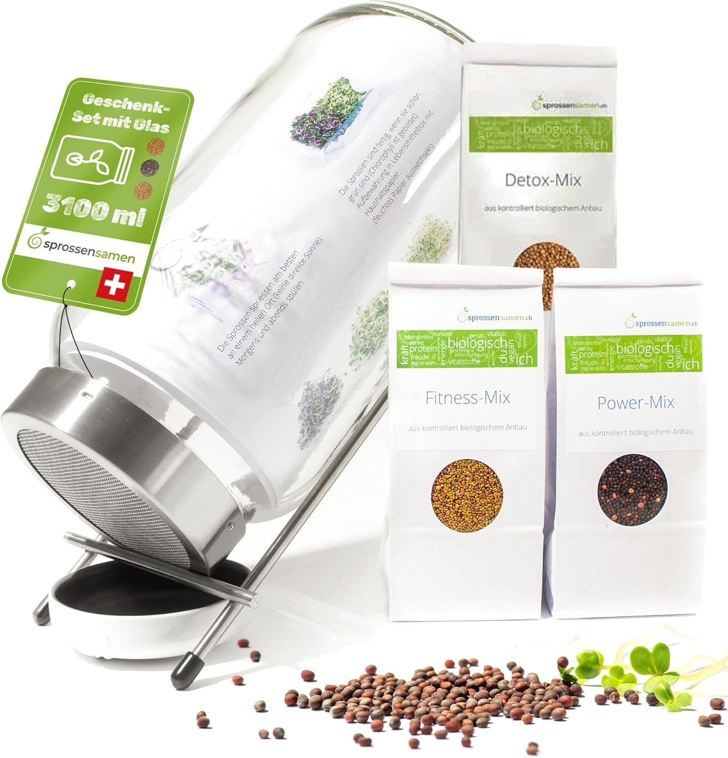 Germination jar set 3100 ml with gift set - Organic Fitness Mix, Power Mix and Detox Mix, 75 g each - Germination jar - incl. jar lid, stand and strainer