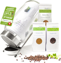 Germination jar set 3100 ml with gift set - Organic Fitness Mix, Power Mix and Detox Mix, 75 g each - Germination jar - incl. jar lid, stand and strainer