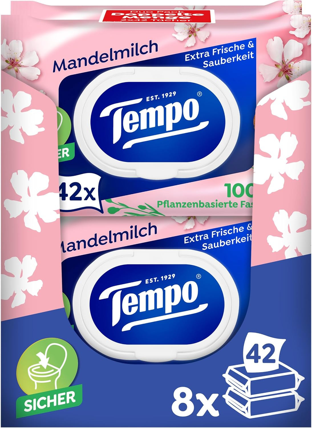 Șervețele umede de toaletă Tempo ''Gentle & Sensitive'' - Megapack - 16 pachete cu 42 de șervețele fiecare - Duo Packs - Aloe Vera naturală - Hârtie igienică, testată dermatologic, neutră pentru piele