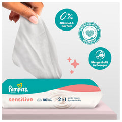 Pampers Sensitive Wet Wipes, 6 packs of 80 wipes = 480 wipes, unscented, for gentle, gentle cleaning