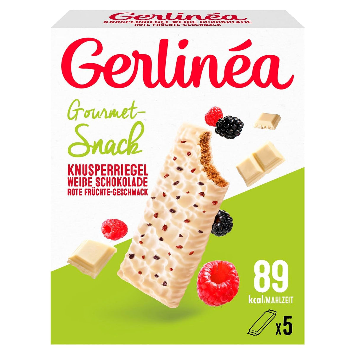 Gerlinéa - Snack Crousti Ciocolată Albă Fructe Roșii - Napolitană Crocantă pentru o Gustare Delicioasă - Sursă de Fibre - 5 Batoane Crousti - 90G