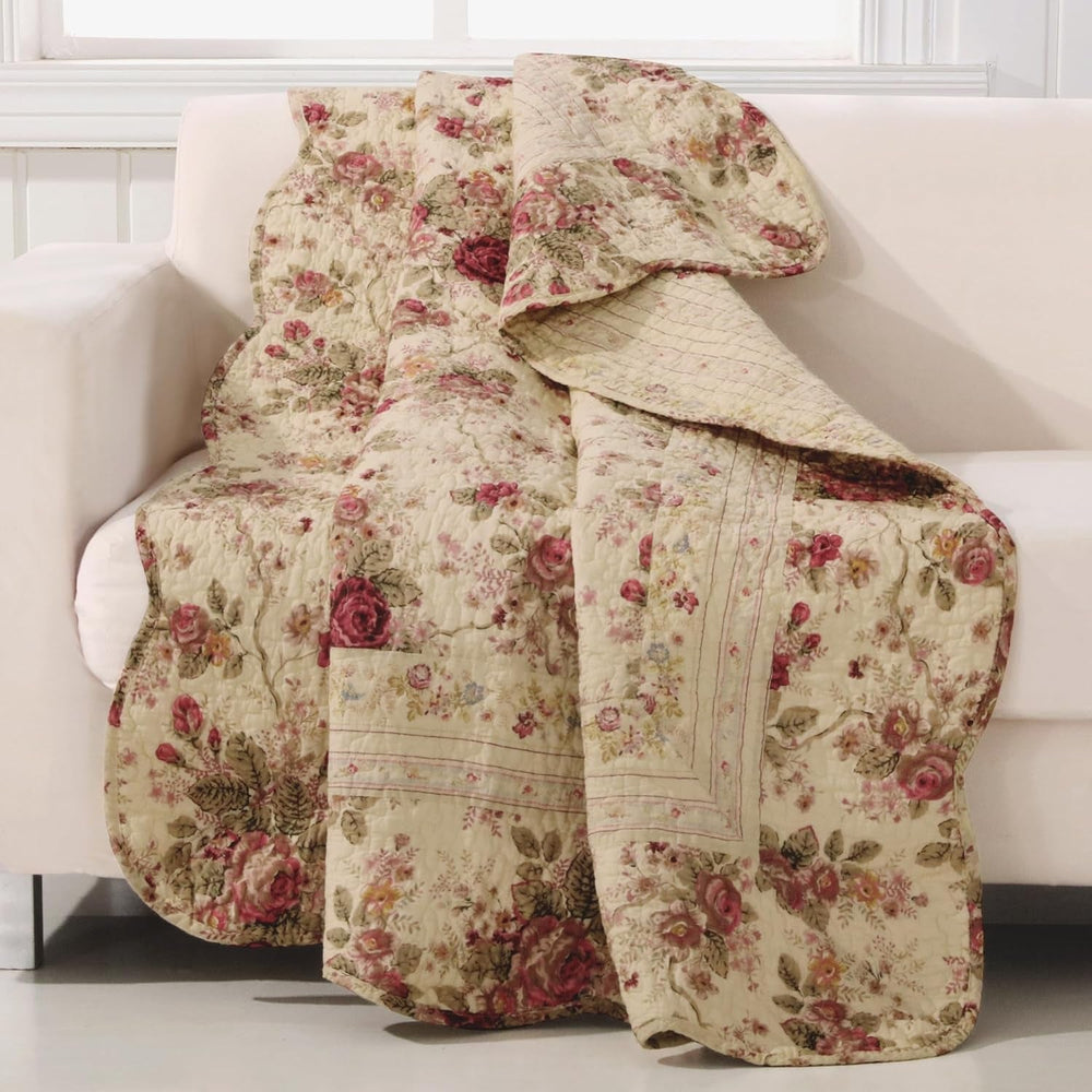 Greenland Home Antique Rose - classic, traditional floral pattern - 100% cotton, quilted, throw blanket, 127 X 152.4 cm, ecru Beds and Covers Greenland Home Fashions