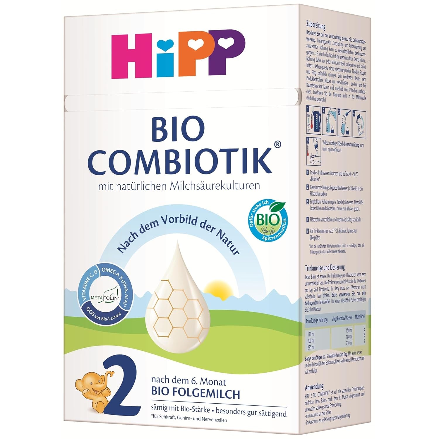 HiPP 2 Organic Combiotik (4 x 600g), follow-on milk after 6 months, with starch, natural cultures of lactic acid, GOS, Omega-3 (DHA, ALA), of the best organic quality
