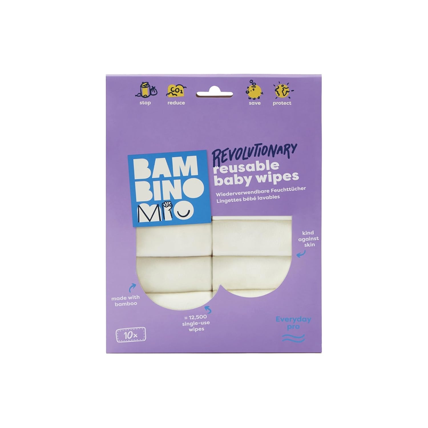 Bambino Mio Reusable Baby Wipes - Basic - Eco Friendly, Chemical Free, Double Sided, Washable, 10 Pack, Cloud - Packaging May Vary