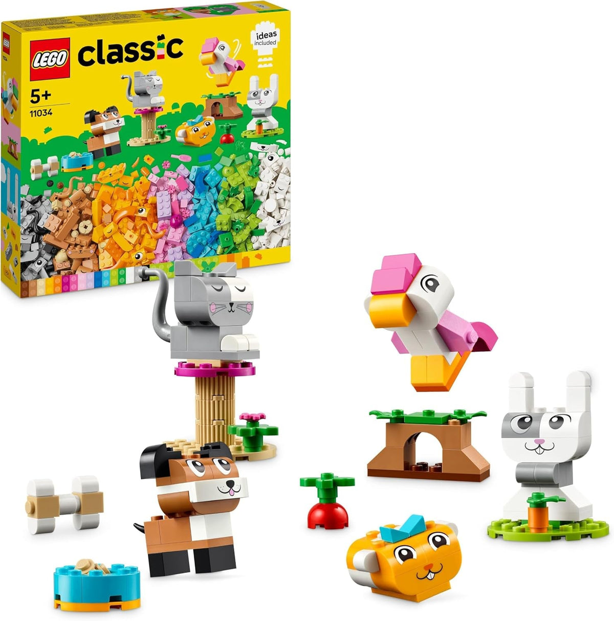 LEGO Classic Creative Animals, cutie cu cărămizi colorate, construiește figurine de animale din cărămizi precum câine, pisică, iepure, hamster și pasăre, jucărie de construcție pentru băieți și fete de la 5 ani 11034 Seturi de constructie Besuche den LEGO-Store Singur