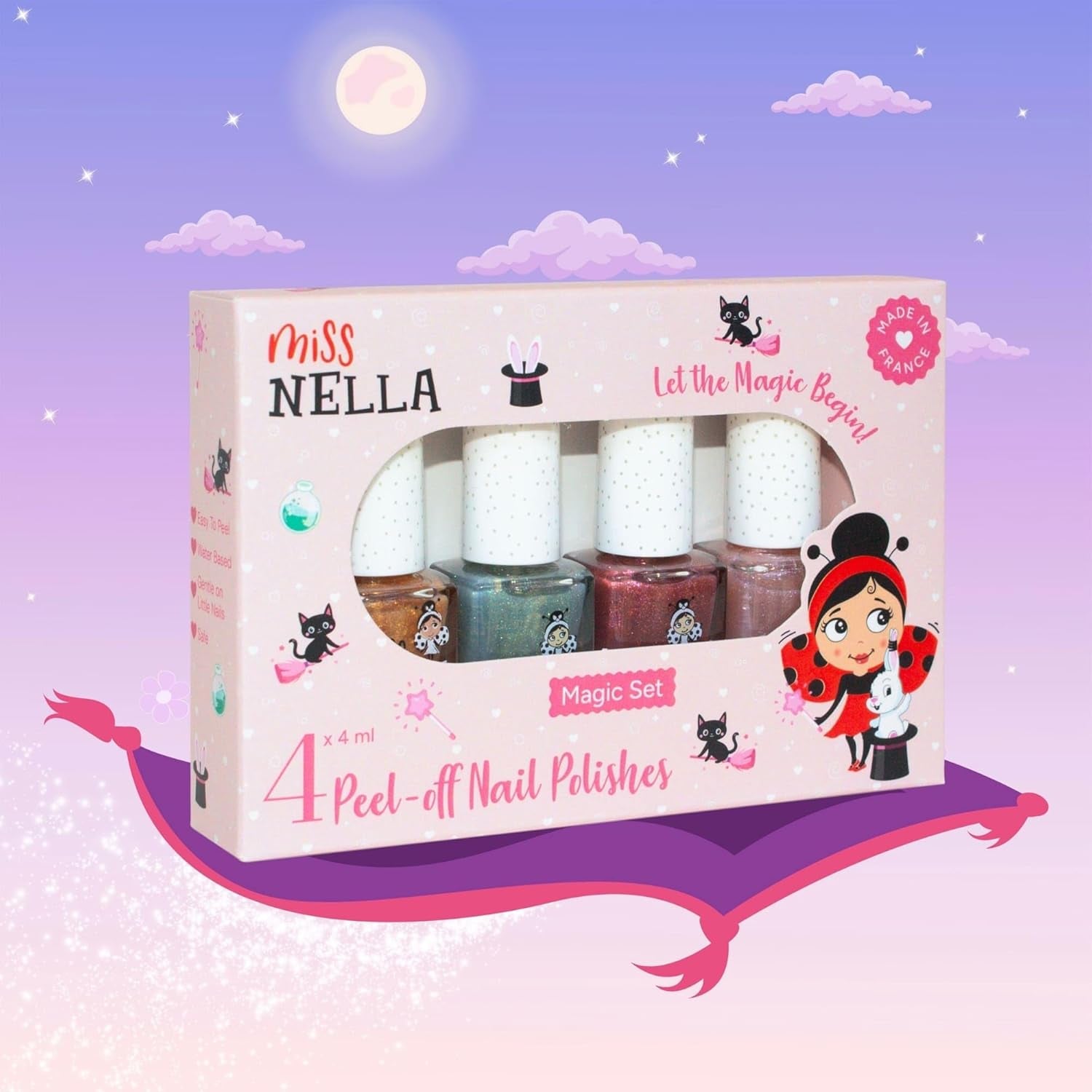 Miss Nella Magic Collection 4 Piece Glitter Nail Polish Set: Pink, Red, Gold and Blue, Kids Special Removable Nail Polish, Non-Toxic, Water-Based, Odorless