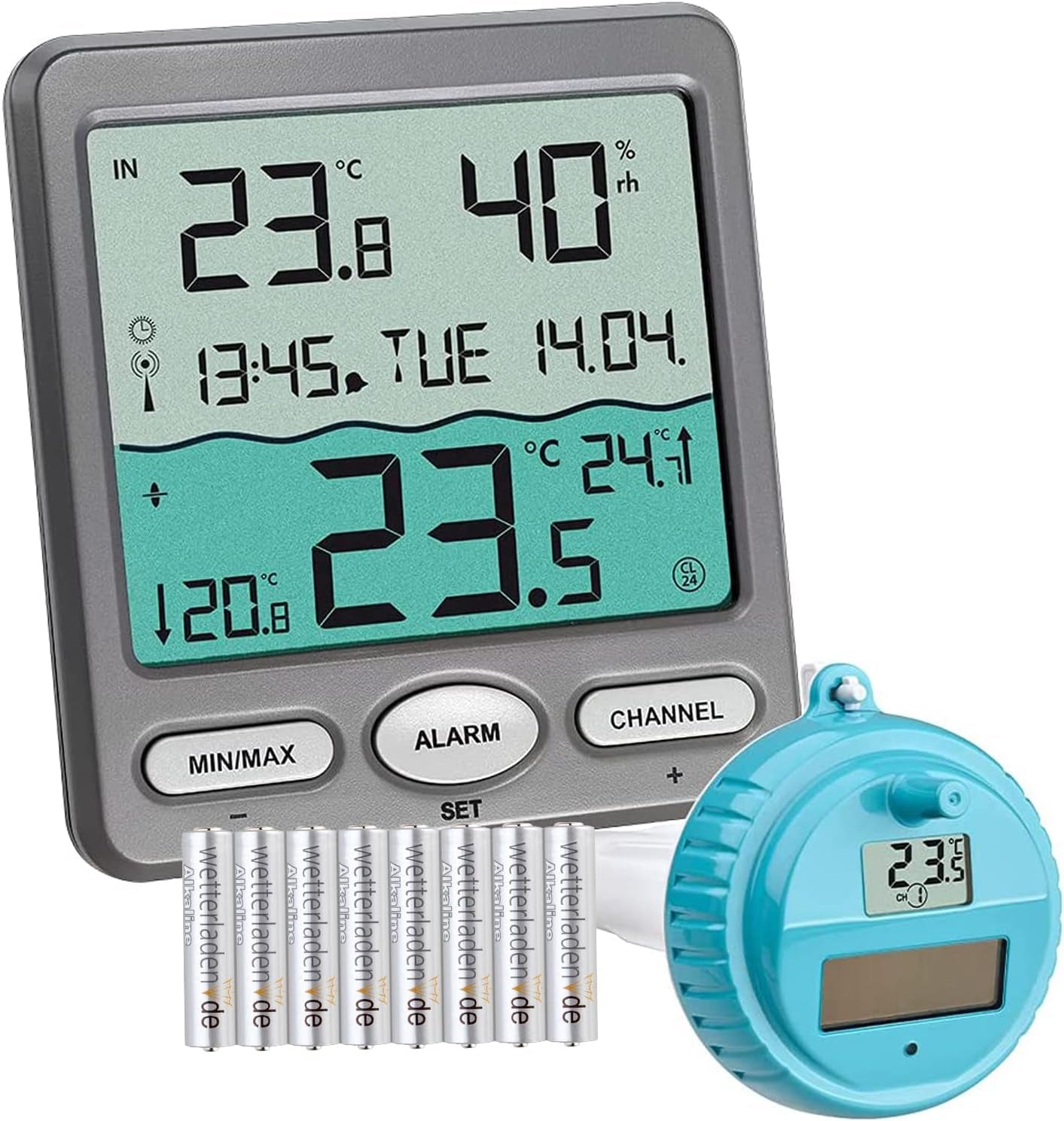 Termometru de piscină TFA Dostmann Venice, 30.3056.10, pentru monitorizarea temperaturii apei în piscine, iazuri sau jacuzzi-uri, termometru digital wireless pentru piscină, gri, L 116 x l 24 (65) x Î 126 mm