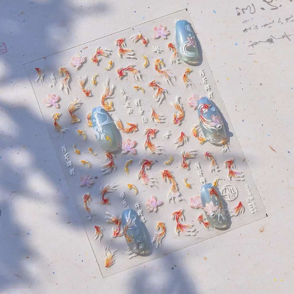 JMEOWIO 3D Nagelsticker Koi Fisch Nail Art Sticker Selbstklebend Nagelaufkleber 5D Stereoskopisch Dekoration Nageldesign Zubehör 1 Blatt