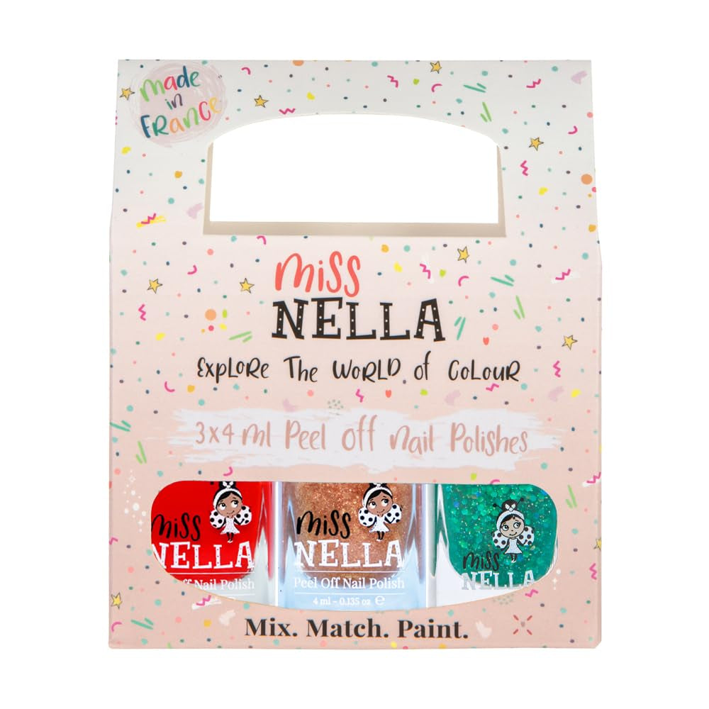 Miss Nella Magic Collection 4 Piece Glitter Nail Polish Set: Pink, Red, Gold and Blue, Kids Special Removable Nail Polish, Non-Toxic, Water-Based, Odorless