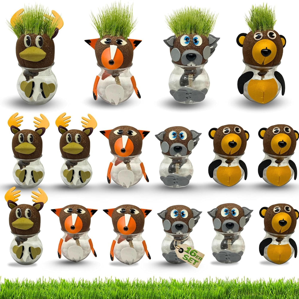 Bada Bing Graskopf 4er Set incl. Wasserbehälter Waldtiere DIY Tiere – Rasenkopf Tierkopf mit Rasensamen – Experiment für Kinder – Spaß mit Lerneffekt – Geschenk Mitbringsel Kindergeburtstag Mitgebsel