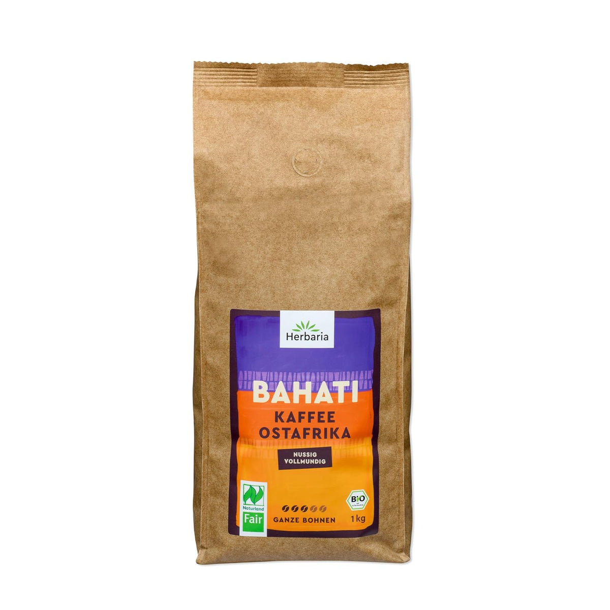 Herbaria BAHATI | BIO Kaffee ganze Bohnen | Naturland Fair zertifiziert aus Ostafrika | ausgewogene Röstaromen mit Noten von gerösteten Nüssen & Schokolade | Kaffeebohnen für Kaffeevollautomaten | 1kg