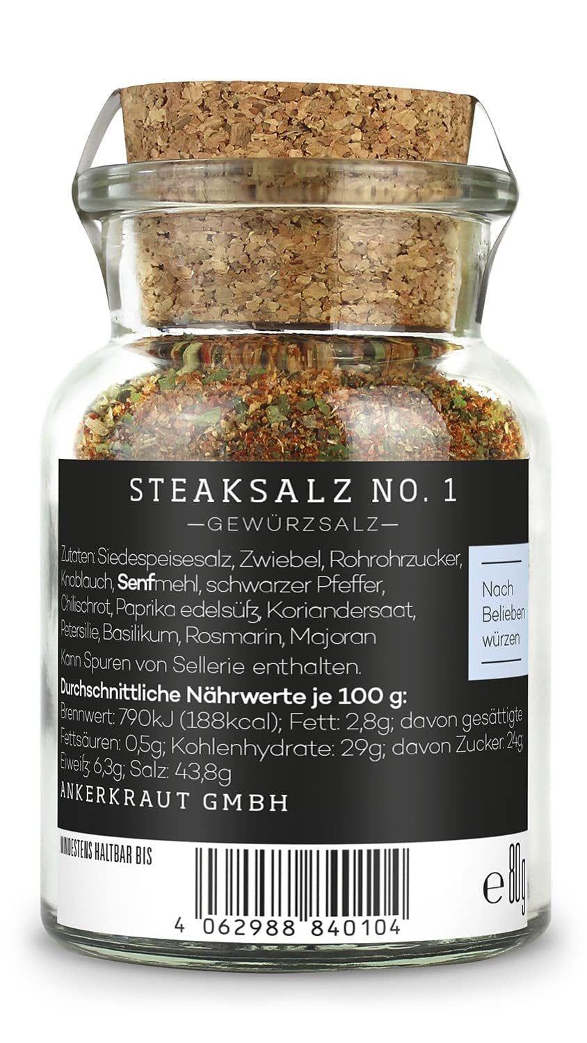 Ankerkraut Steaksalz No. 1, das perfekte Finisher- und Steakhouse-Salz, 80g in Korkenglas