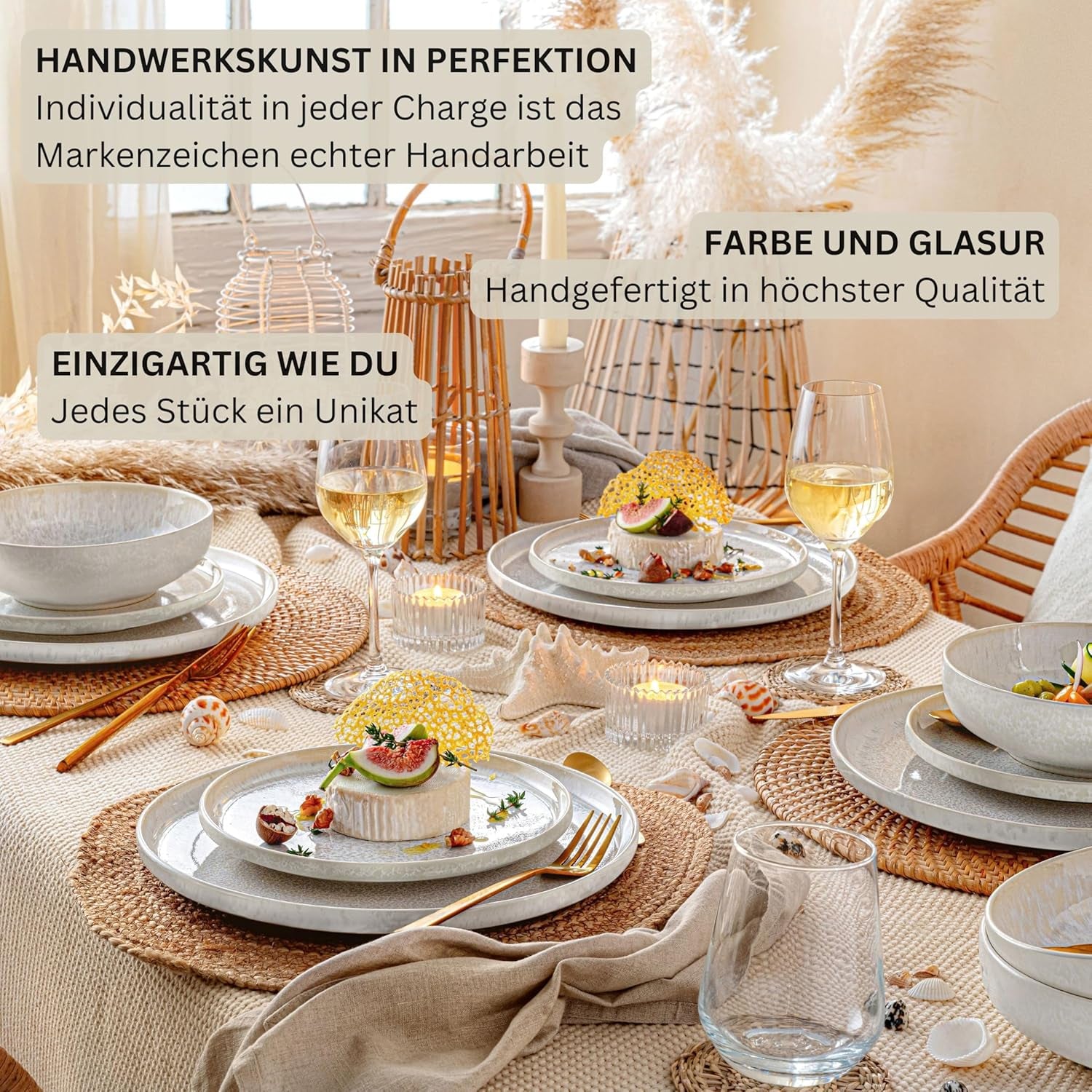 SÄNGER | Set de veselă Corfu cu 24 de piese, serviciu de cină pentru 8 persoane, ceramică lucrată manual, set de farfurii care include farfurii de cină, farfurii de desert și farfurii de sumă, veselă de culoare crem cu textură nisipoasă