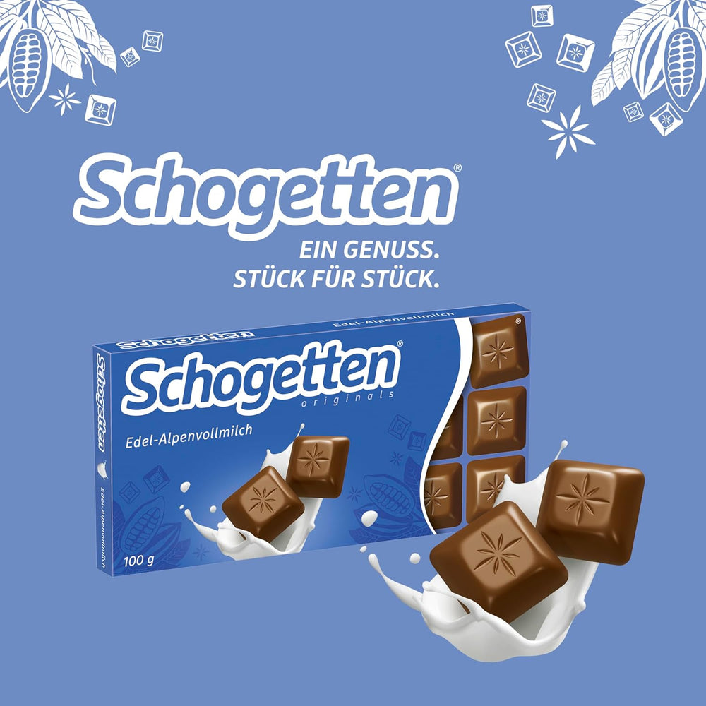 Schogetten Premium Alpine milk chocolate bar, 100g, individually portioned. A delight. Piece by piece.