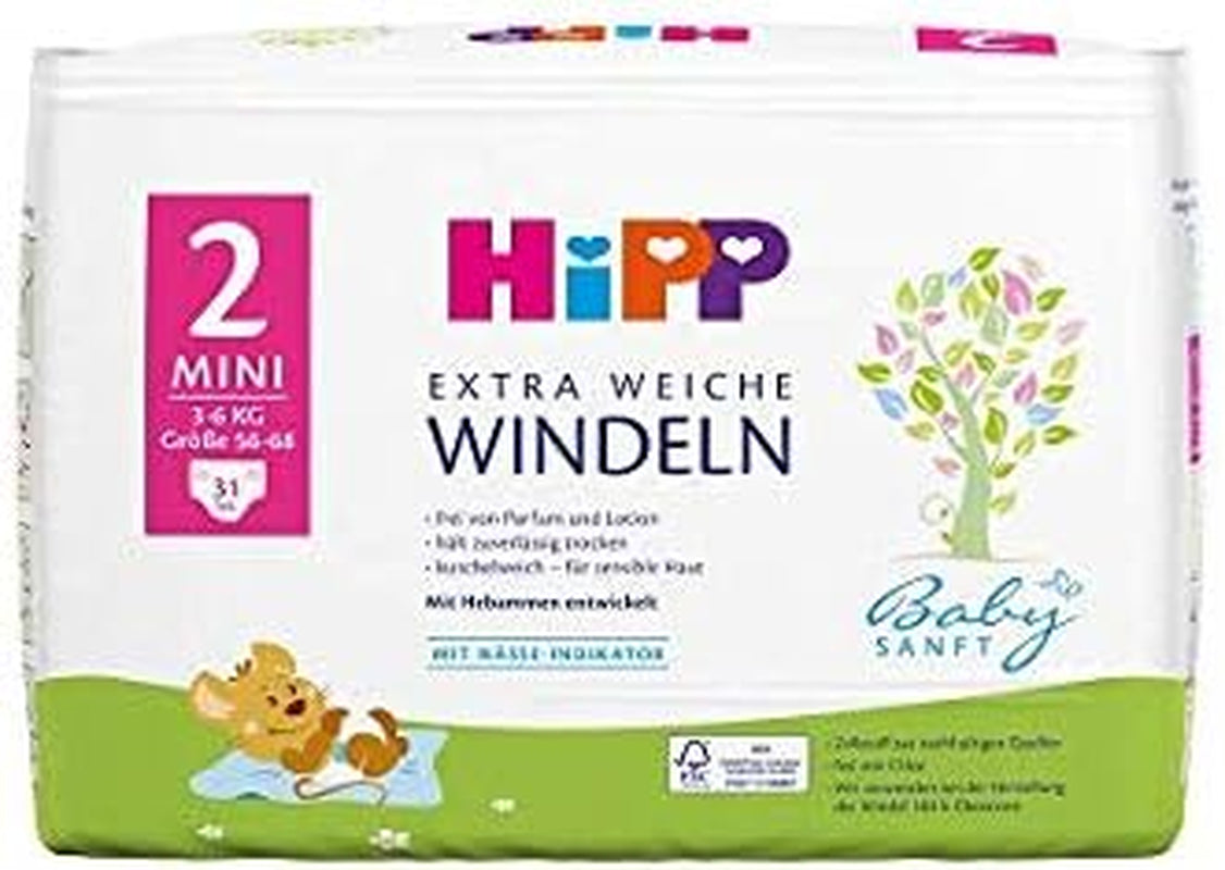 Scutece mini HiPP Babysanft mărimea 2 într-un pachet de 2 săptămâni (124 scutece)