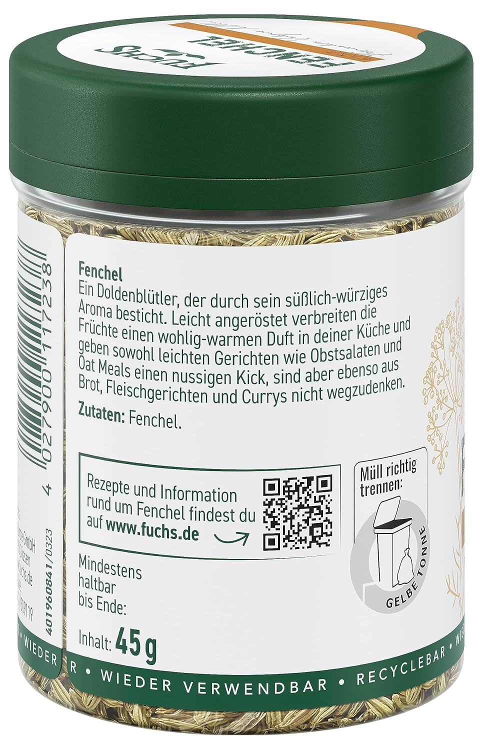 Fuchs Gewürze - Fennel ganz - sweet-würziges Aroma für Obstsalate, Oat-Meals oder Curries - natural ingredients - 45 g in wiederverwendbarer, recyclebarer Dose