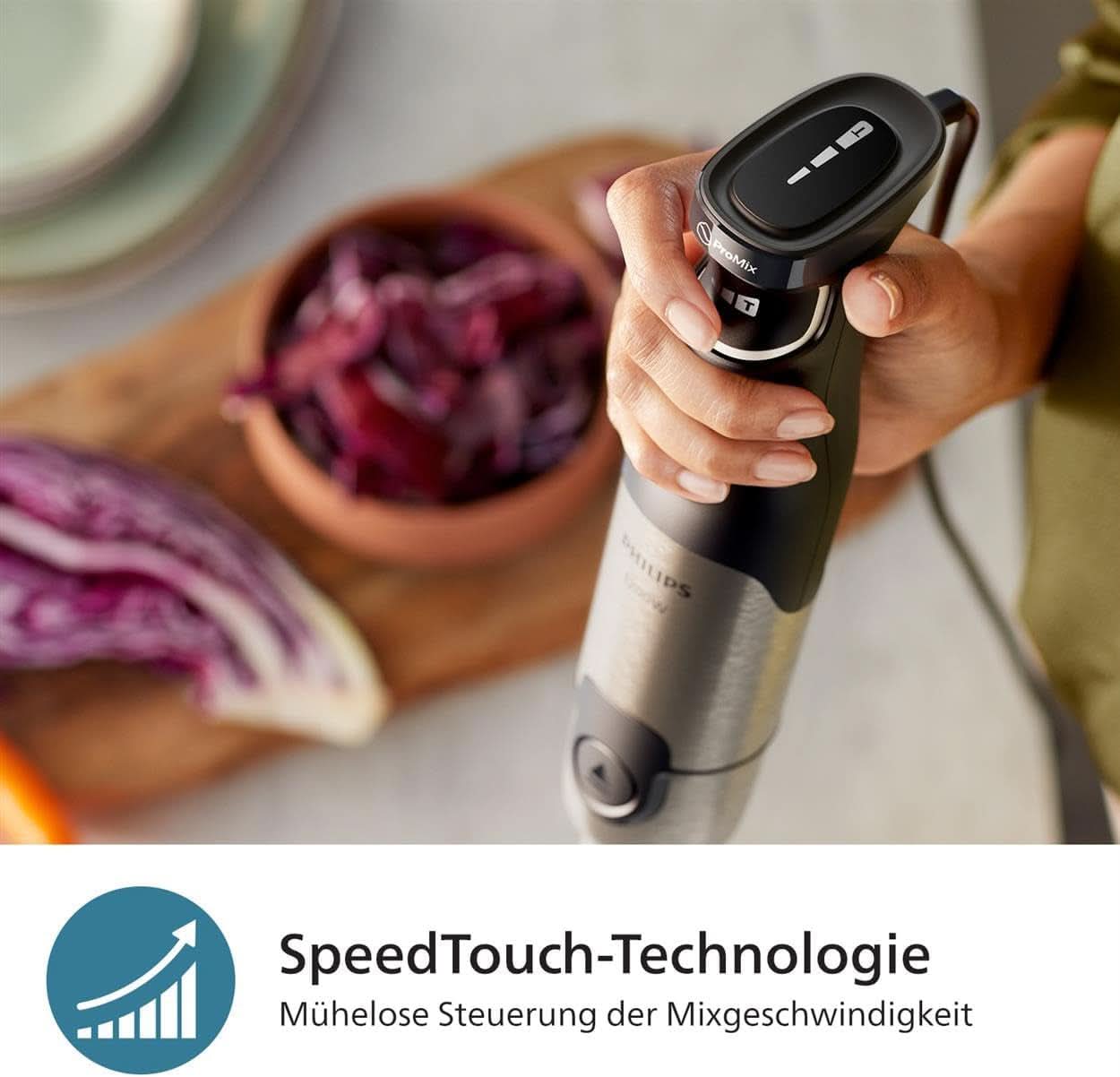 Philips 5000-Serie Stabmixer - 1200W Leistung. Promix-Technology. Led Geschwindigkeitsanzeiger. Stufenlose Geschwindigkeitseinstellung. Compact Design. Leicht Zu Reinigen. Schwarz (HR2681/00) Kitchen Naty Shop