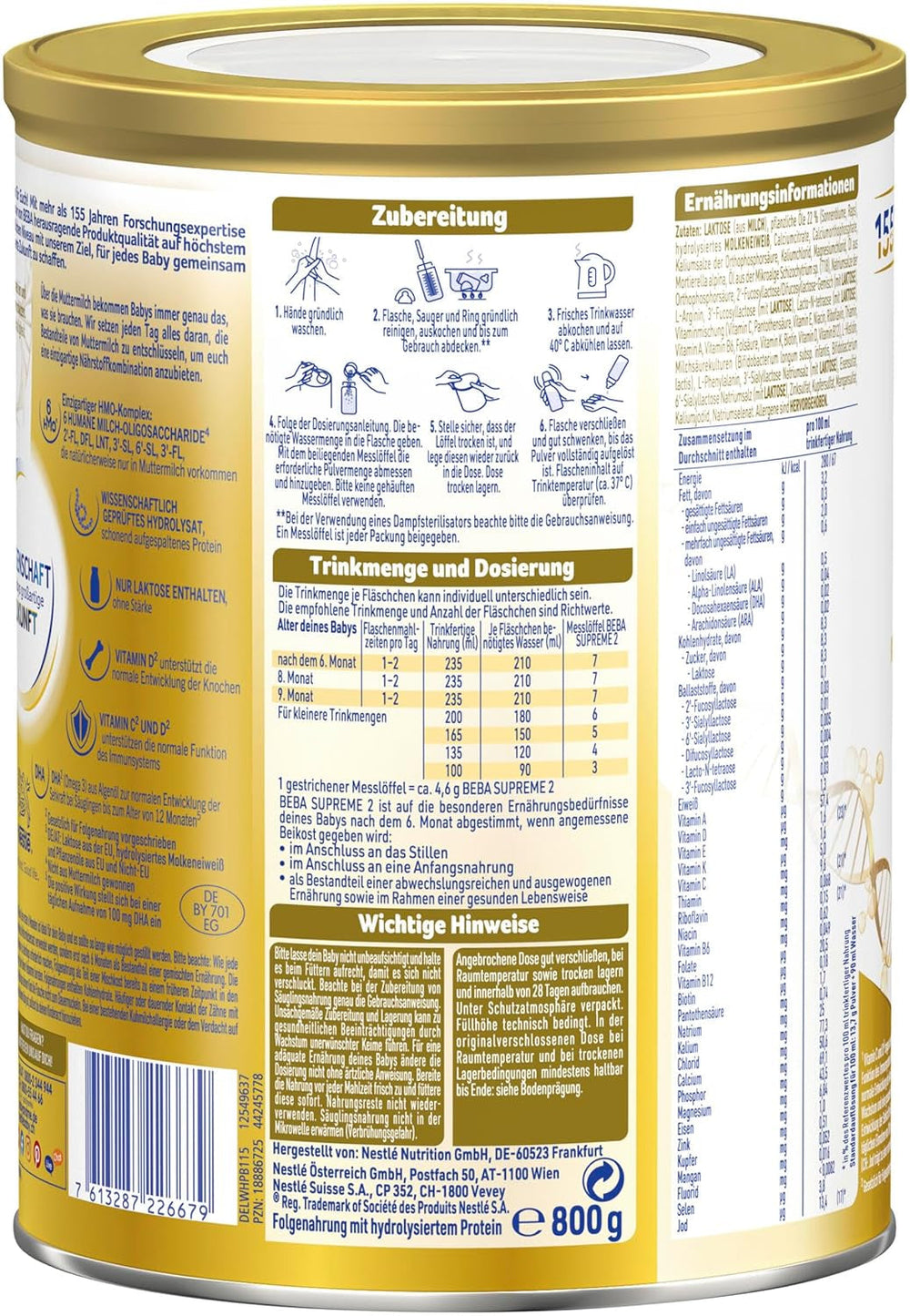 BEBA SUPREME 2 Follow-on milk after 6 months, lactose only, palm oil free, pack of 6 (6 x 800g) Naty Shop