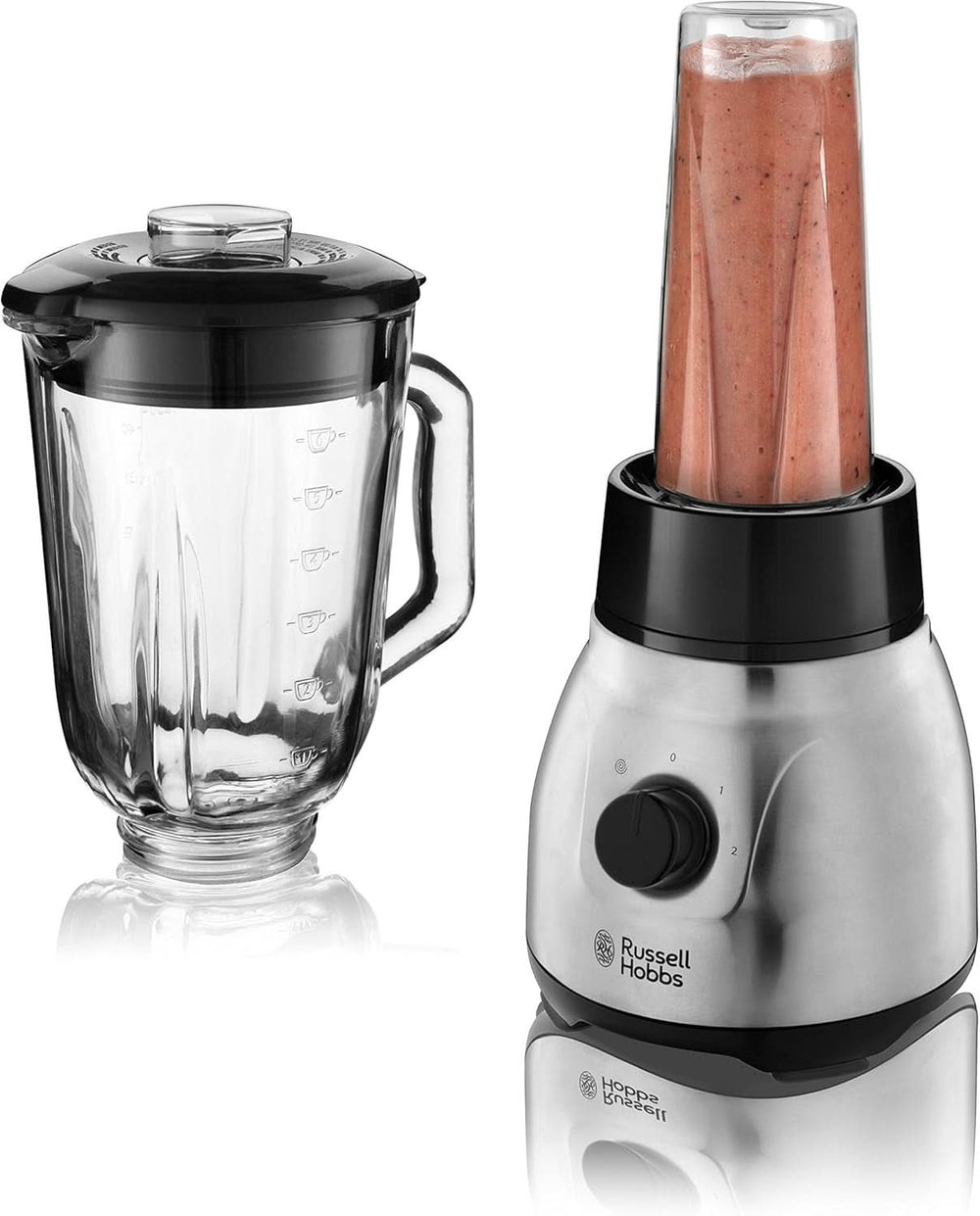 Russell Hobbs Standmixer 2-In-1 [1.5L Glasbehälter Mixer & 0.6L Mini Smoothie Maker -To-Go-Trinkflasche Inkl. Deckel] Spülmaschinenfest, Impuls-/Ice-Crush Funktion, Becher BPA Frei, Edelstahl 23821-56 Kitchen Naty Shop