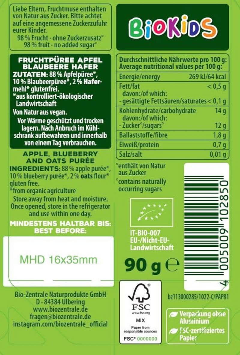 Biozentrale Biokids Fruit puree apples blueberries oats | 12X90G | Vegan Fruit Oat Snack | No added granulated sugar Mother and Child Naty Shop