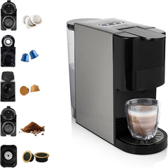 Espressor multicapsule Princess 5 în 1 – Compatibil cu Nespresso, Dolce Gusto, Lavazza a Modo Mio și ESE Pads, capacitate 0,8 l, 1450 W, argintiu, negru