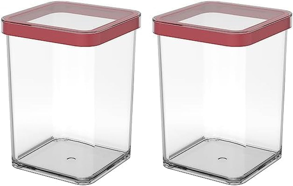 Rotho Loft set de 5 borcane de depozitare cu capac, diferite dimensiuni, plastic alimentar (PP) fără BPA, transparent/roșu, (21,4 x 21,4 x 23,5 cm) Cutii depozitare alimente Naty Shop 1 litru pătrat (pachet de 2)