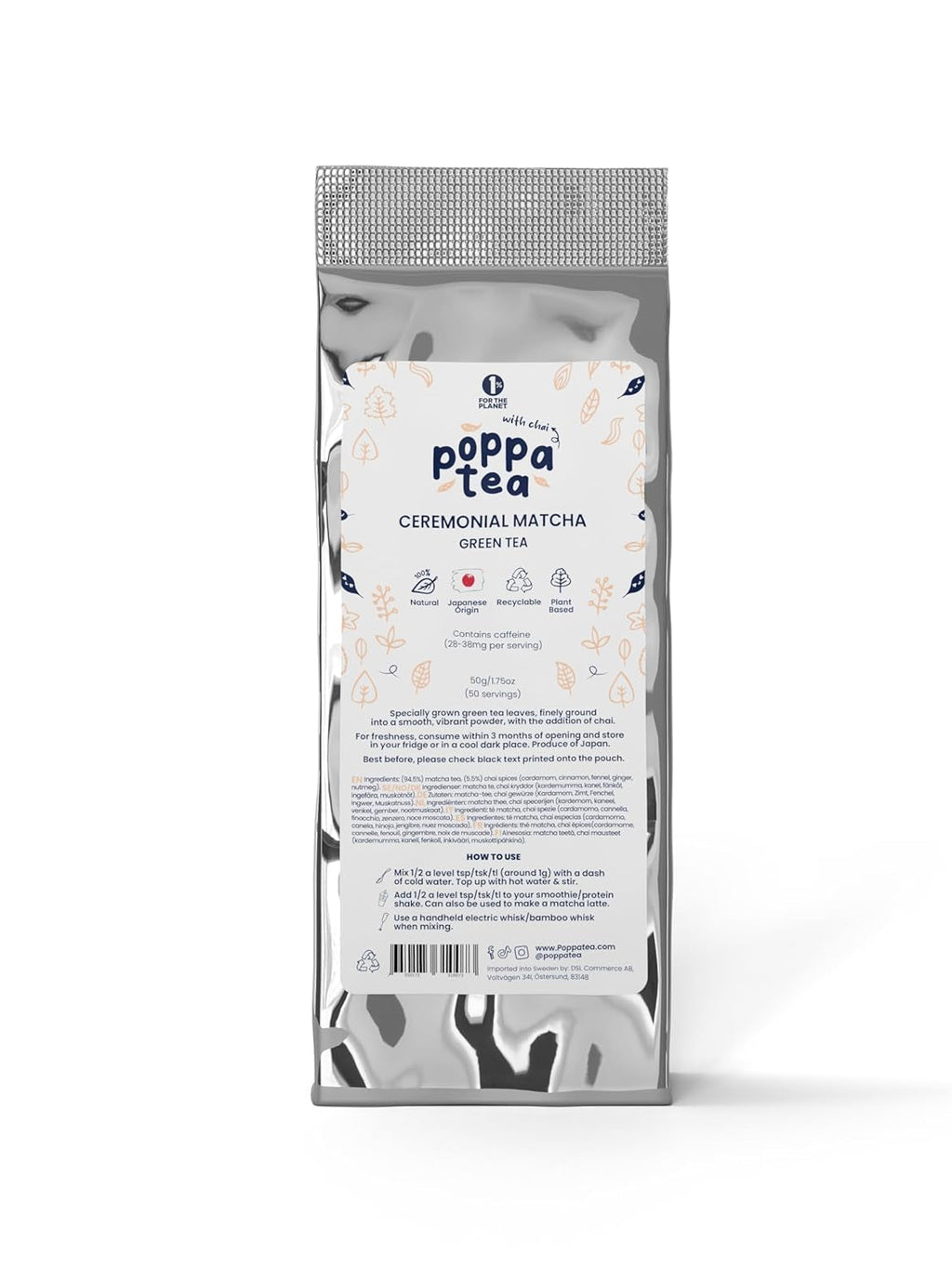 Poppatea Matcha Tea - Ceremonial - Frunze de ceai verde japonez (pungă de reumplere de 50 g, Matcha cu Chai)