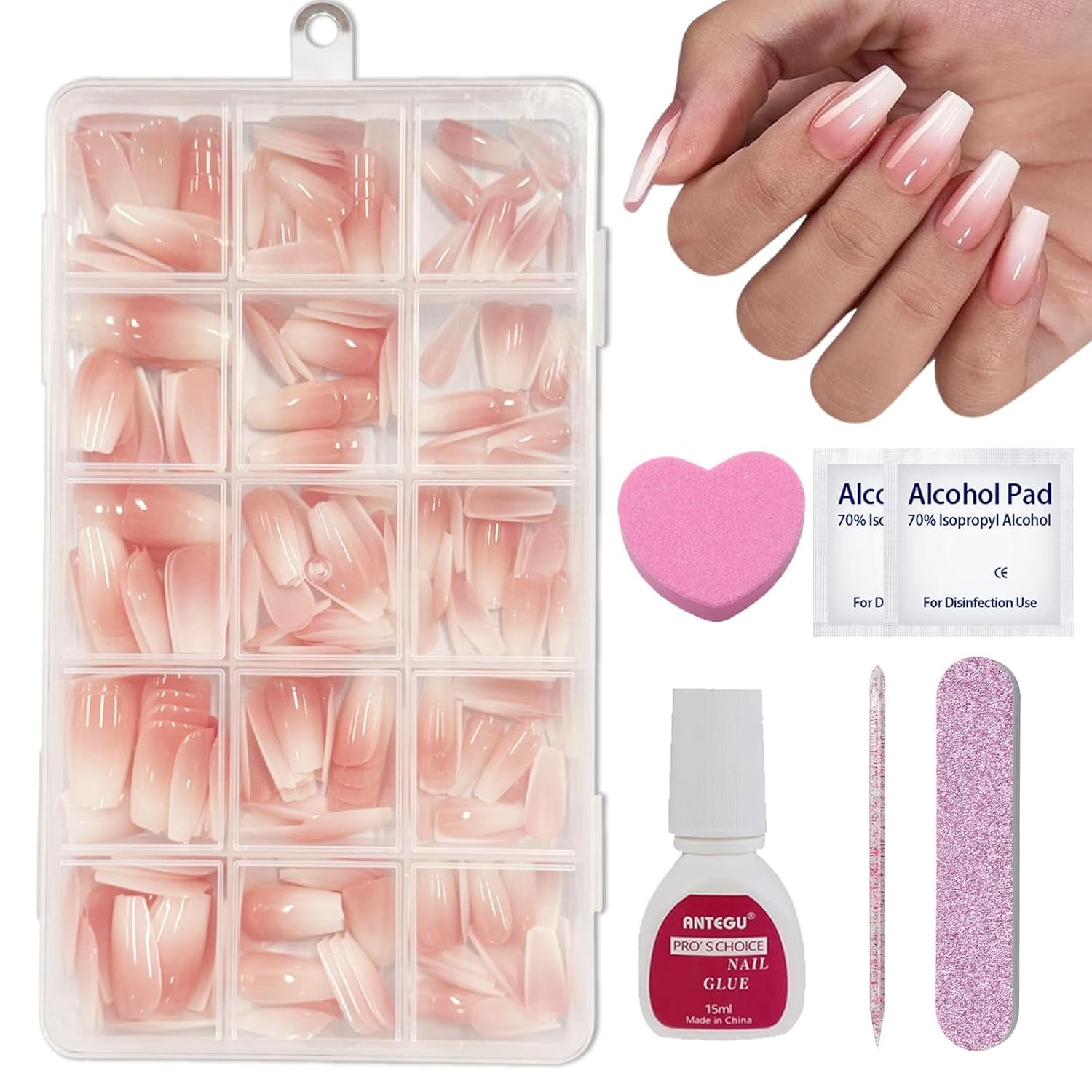 Set de 240 de bucăți pentru unghii false scurte - Unghii false artificiale naturale scurte pentru lipit - Unghii artificiale cu gradient nud pentru extensii de unghii cu cutie (gradient nud)