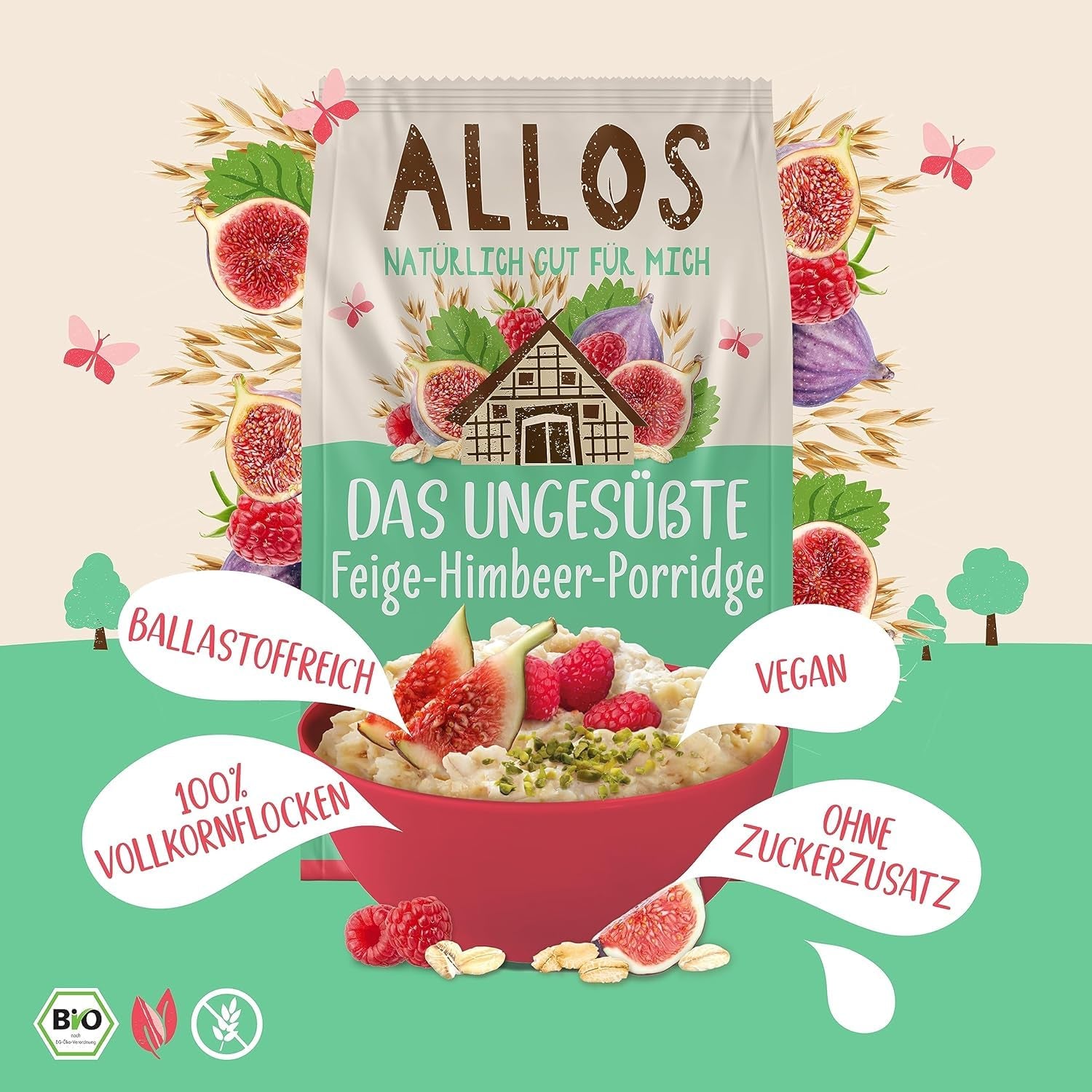 Unsweetened Fig and Raspberry Allos Porridge | Porridge without sugar | Organic Muesli | Muesli with fruit | Oatmeal | Porridge for breakfast | Cereals for breakfast | Vegan | Pack of 6 (6 x 500g)