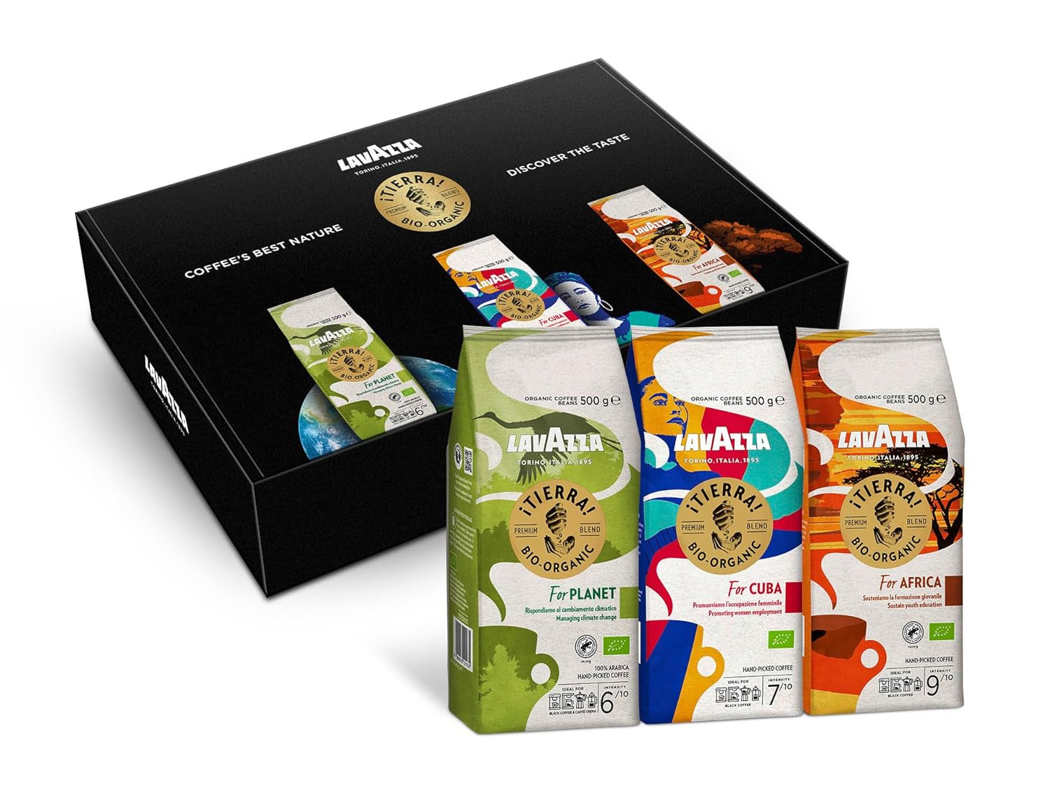 Lavazza, Tierra for Africa, 100% boabe de cafea organică, Ideal pentru espressoare, Aromă puternică și corpolentă, Intensitate 9/10, Arome de nuci, Prăjire medie Cafea Naty Shop 3 x 500 grame Set