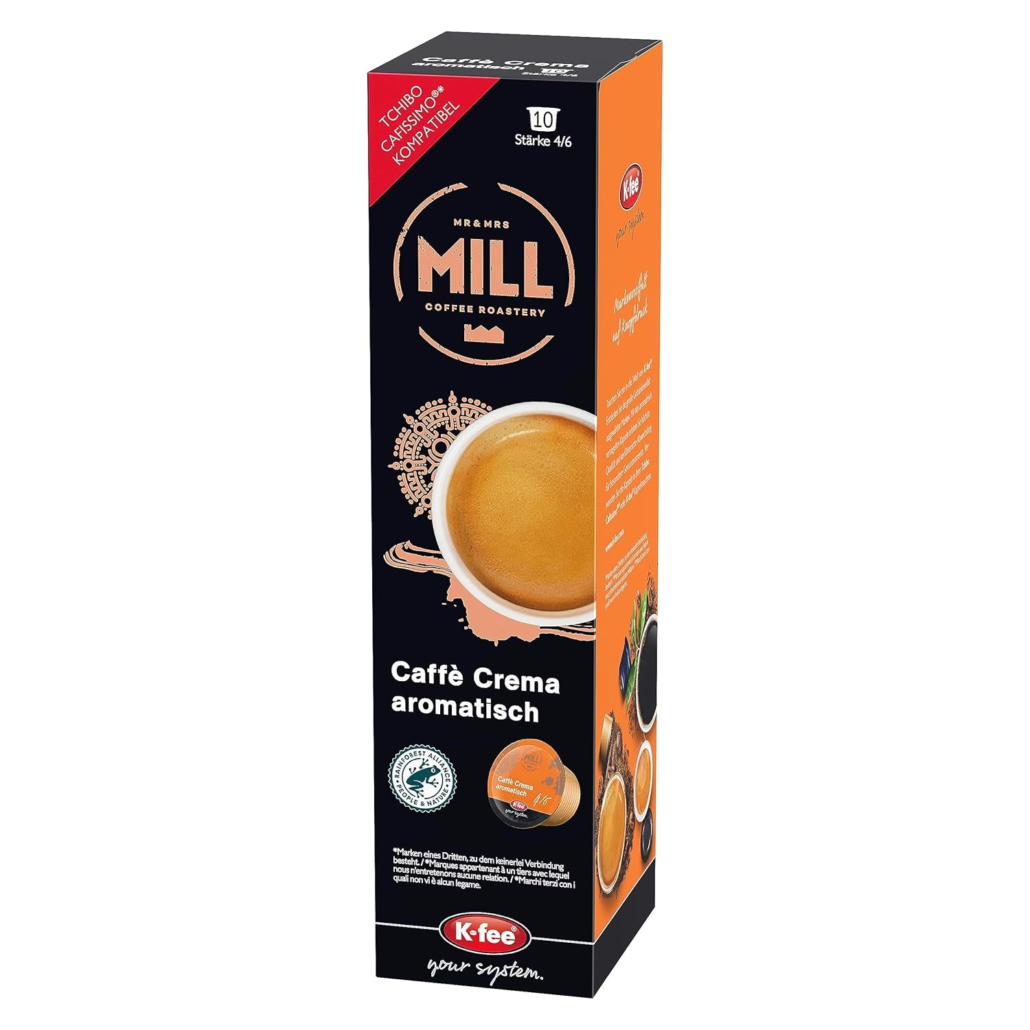 Mr & Mrs Mill Caffè Crema aromatisch, kompatibel mit K-fee & Tchibo Cafissimo*, Stärke 4/6, 120 Kaffeekapseln