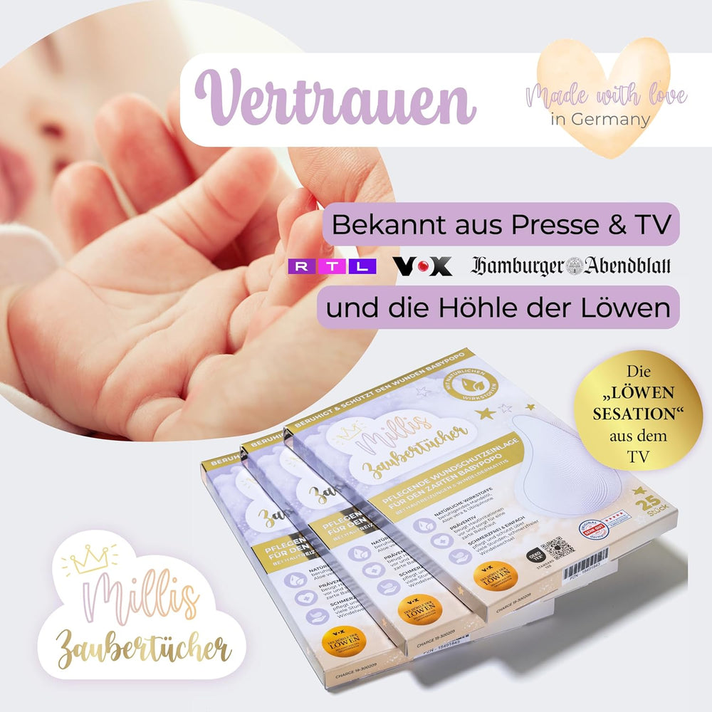 Millis Zaubertücher bei Windeldermatitis Baby, Bekannt aus "Die Höhle der Löwen", 25 Tücher (1 x 25er) mit Aloe Vera, Mandelöl & Q10 - Pflegt, Schützt & dient als Wundschutz bei gereizter Haut