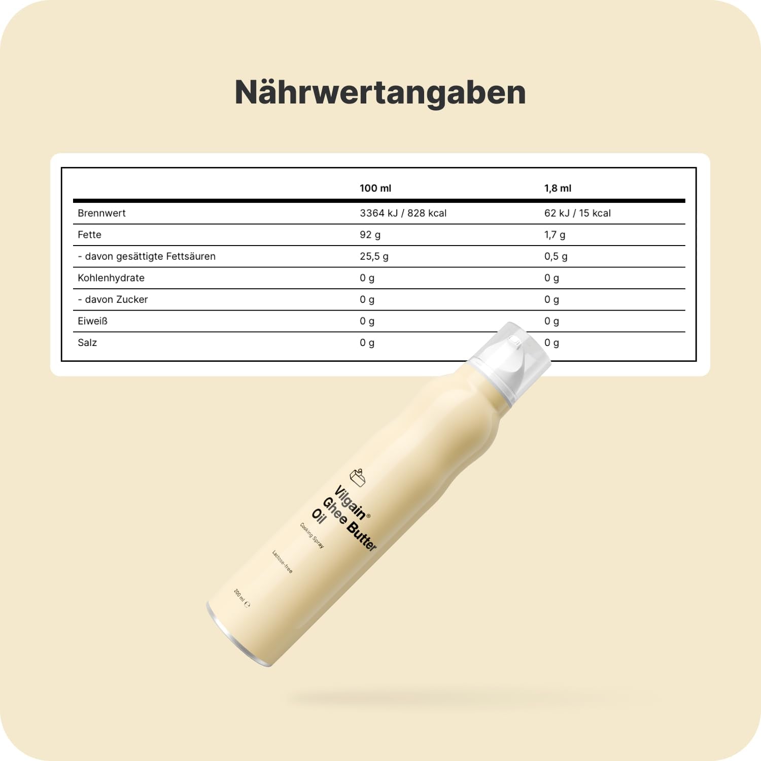 Vilgain Ghee Spray mit Avocadoöl | Laktosefrei, zum Kochen & Backen | Rauchpunkt 195°C, herzgesund, BRC-zertifiziert | Ideal für laktoseempfindliche Menschen | Geschmacks-Harmonie, 200ml