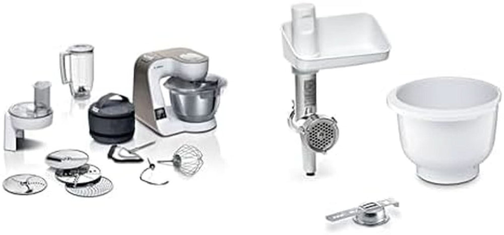 Bosch Series 4 MUM5X720 food processor, integrated scale, stainless steel bowl 3.9L, mixer 1.25L, 1000W Accessories Food and Breastfeeding Baby Naty Shop Bundle with Bakingsensation White Champagne 2 accessories