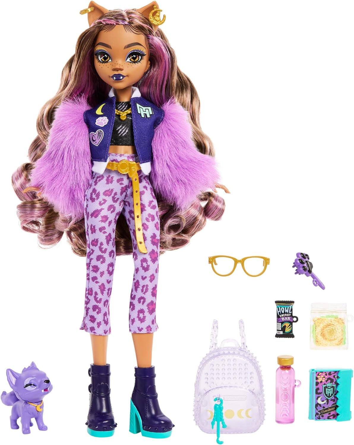 Păpușă Monster High Clawdeen Wolf cu câine Crescent și accesorii precum rucsac, calendar, gustări și multe altele, HRP65 Papusi Naty Shop