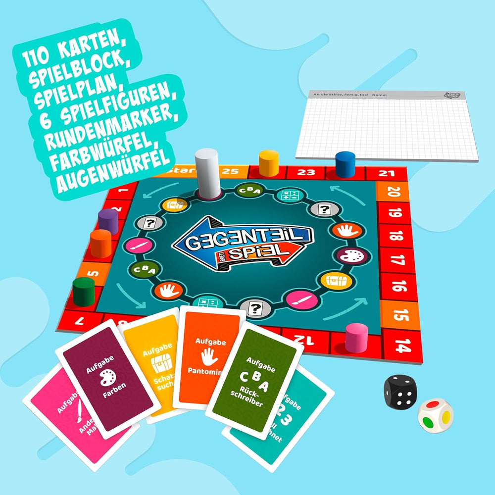 Noris 606062080 - Gegenteil Spiel (Brettspiel ab 10 Jahre) - kombinierbar mit dem Kartenspiel - verrücktes Konzentrationsspiel für Kinder und Erwachsene für 3-6 Spieler