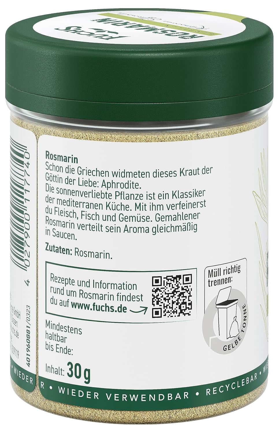 Fuchs Gewürze - Rosmarin gemahlen - zum Würzen von Fisch, Fleisch und Gemüse - natural ingredients - 30 g in wiederverwendbarer, recyclebarer Dose