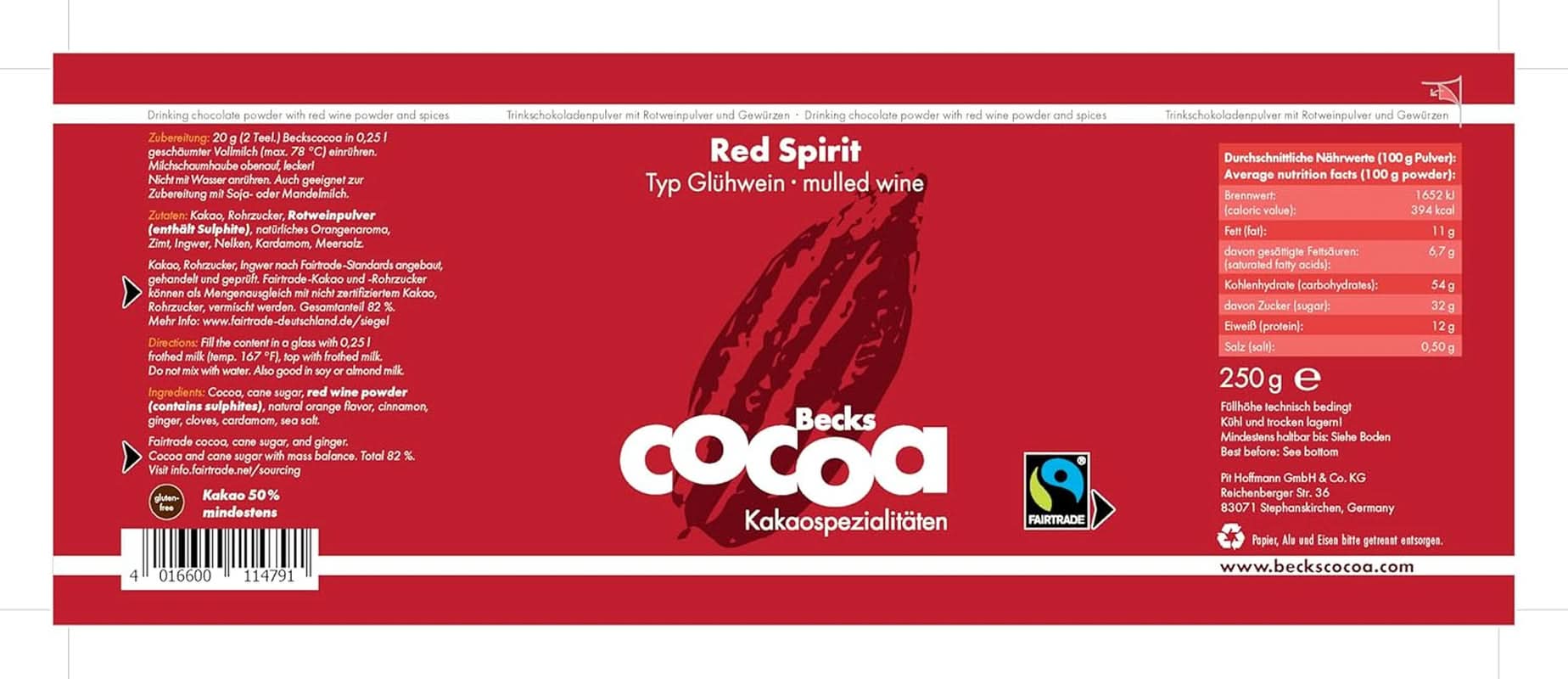 Red Spirit, fine cocoa flavored with red wine, 250 grams of cocoa and hot chocolate Naty Shop