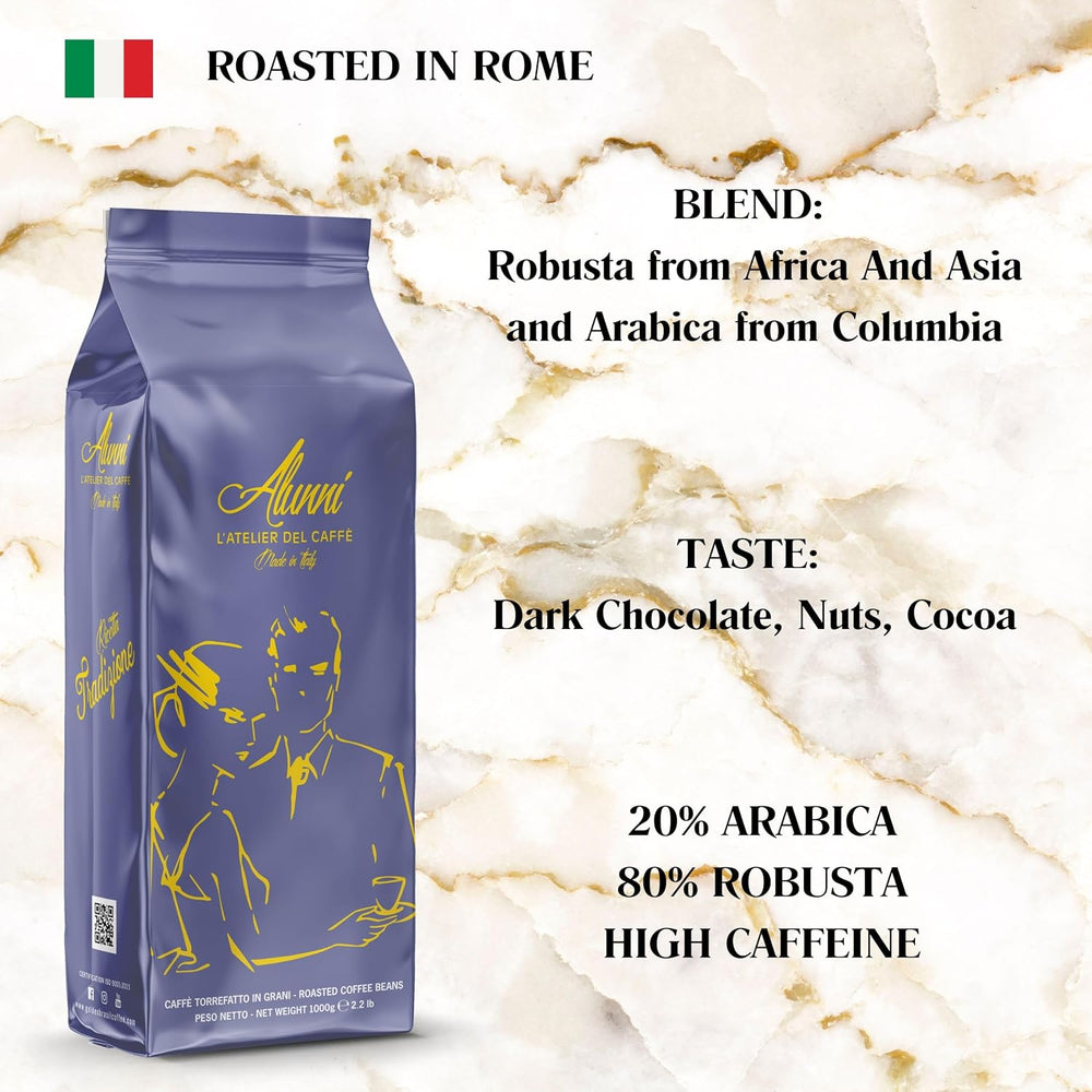Ganze Kaffeebohnen, mittelgeröstet, Espresso, beste Crema, 1 kg, authentisch italienisch, Premium-Qualität, überlegenes Aroma in allen Kaffeemaschinen, blaues Etikett, 20 % Arabisch, 80 % Robusta,