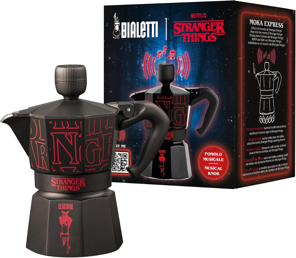 Bialetti Moka Express Stranger Things Cafetiera cu 3 căni, Buton muzical cu funcție de încărcare USB-C, Nu este potrivită pentru plite cu inducție, 3 căni (130 ml), Negru