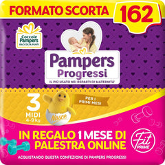 Pampers Progressi & Fit Prime Midi diapers, short format, 162 diapers, size 3 (4-9 kg), online membership to the gym for 1 month as a gift