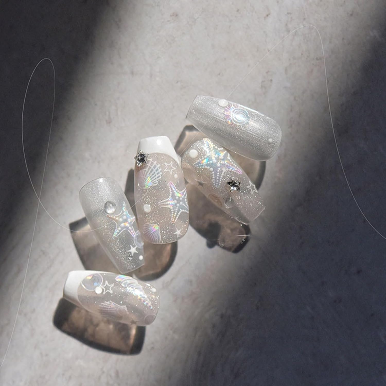 JMEOWIO 3D Nagelsticker Aurora Muschel Seestern Nail Art Sticker Selbstklebend Nagelaufkleber 5D Stereoskopisch Ozean Thema Dekoration Nageldesign Zubehör 1 Blatt