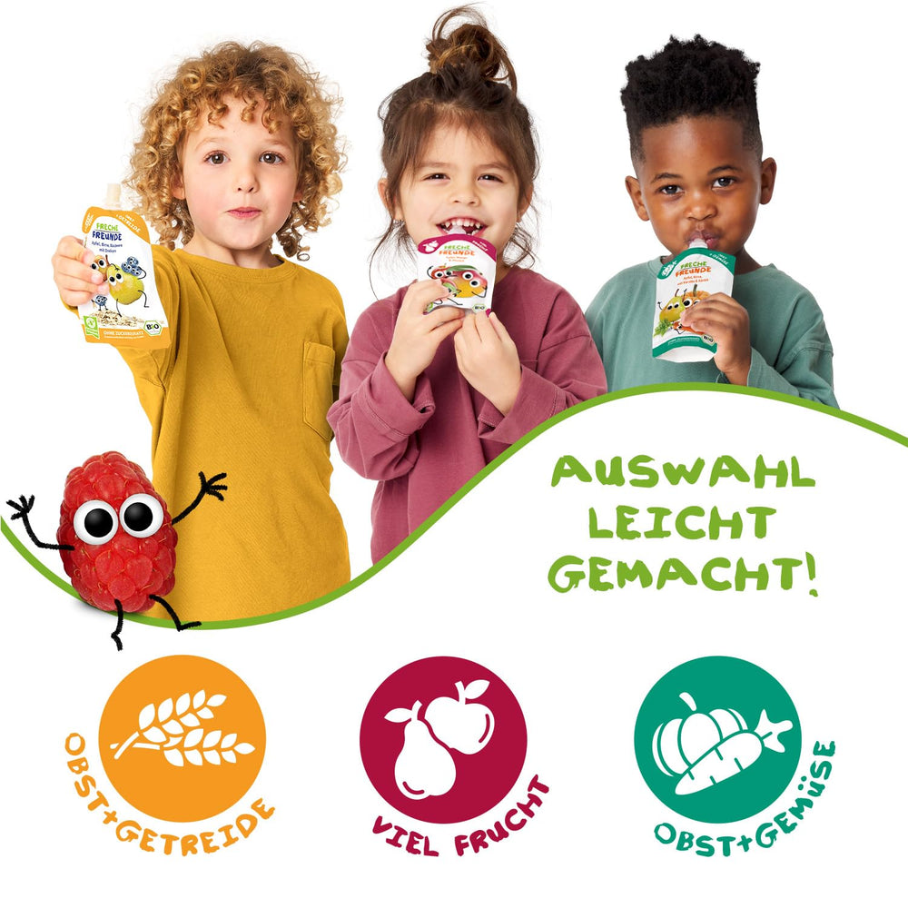 FRECHE FREUNDE Organic Squeezable Fruit Pouch Apple Cinnamon Pear Rice Spelled Fruit Puree with Cereal for Babies 6 Months+ Vegan 6 Pack (6 x 100g)