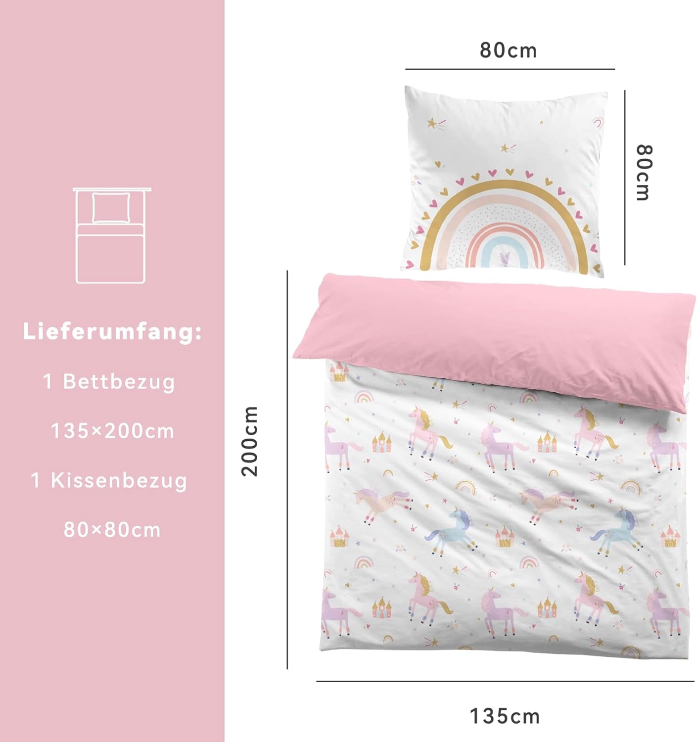Fekohipy Bettwäsche 135X200 Mädchen Einhorn Kinderbettwäsche Rosa 3D-Druck Mikrofaser Regenbogen Kinder Bettbezug Mit Zwißwerfer Und 1 Kissenbezug 80X80Cm 2-Teilige Kinderbettwäsche-Set Naty Shop