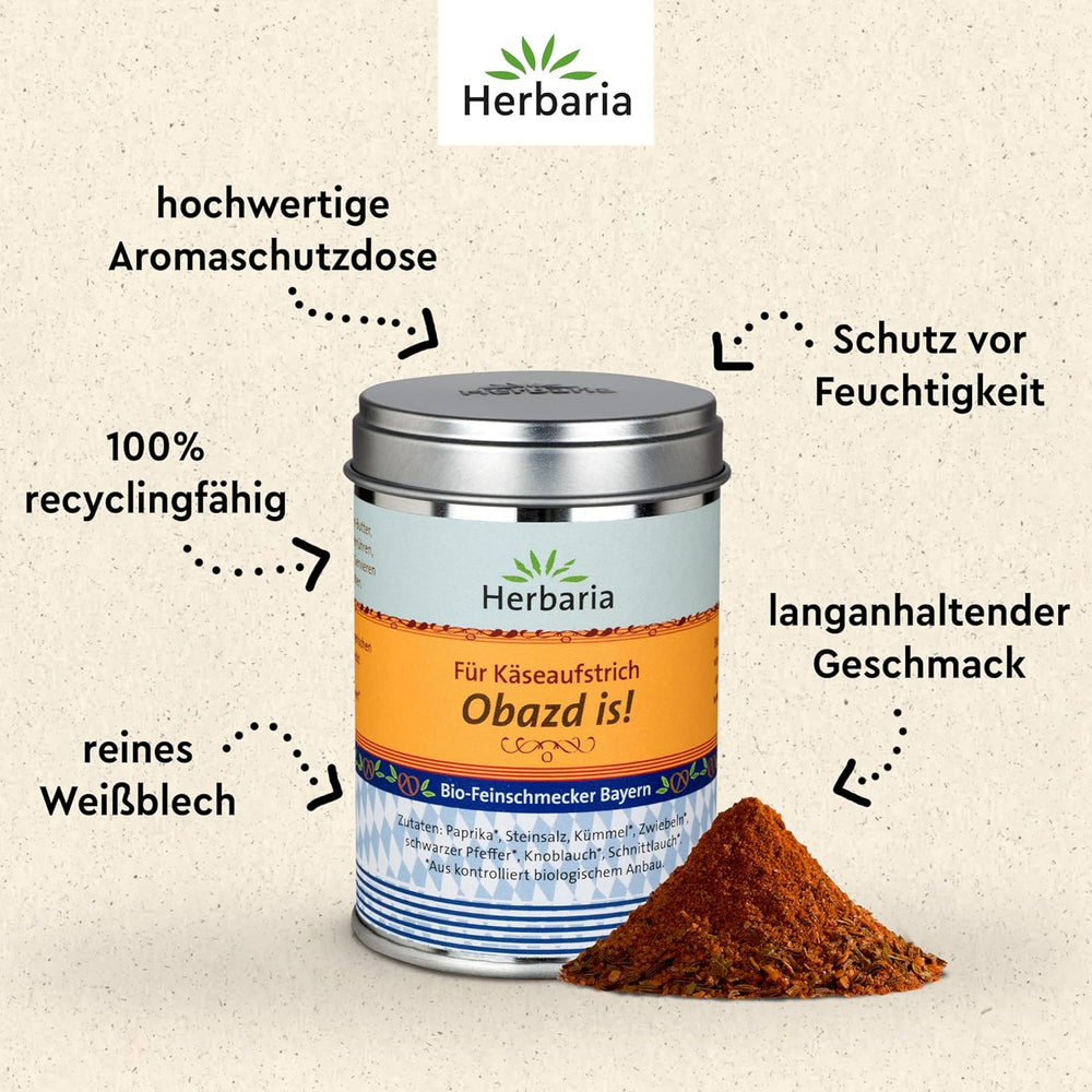 Herbaria Obazd is! bio 90g M-Dose – Bio-Gewürzmischung bayerischen Biergartenklassiker Obazda – for Brotaufstriche, Käsegerichte, Käsefondue – Raclette Gewürz - in nachhaltiger Aromaschutz-Dose